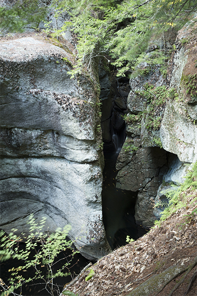 the main waterfall at Kezar Falls is hidden within these gorge walls