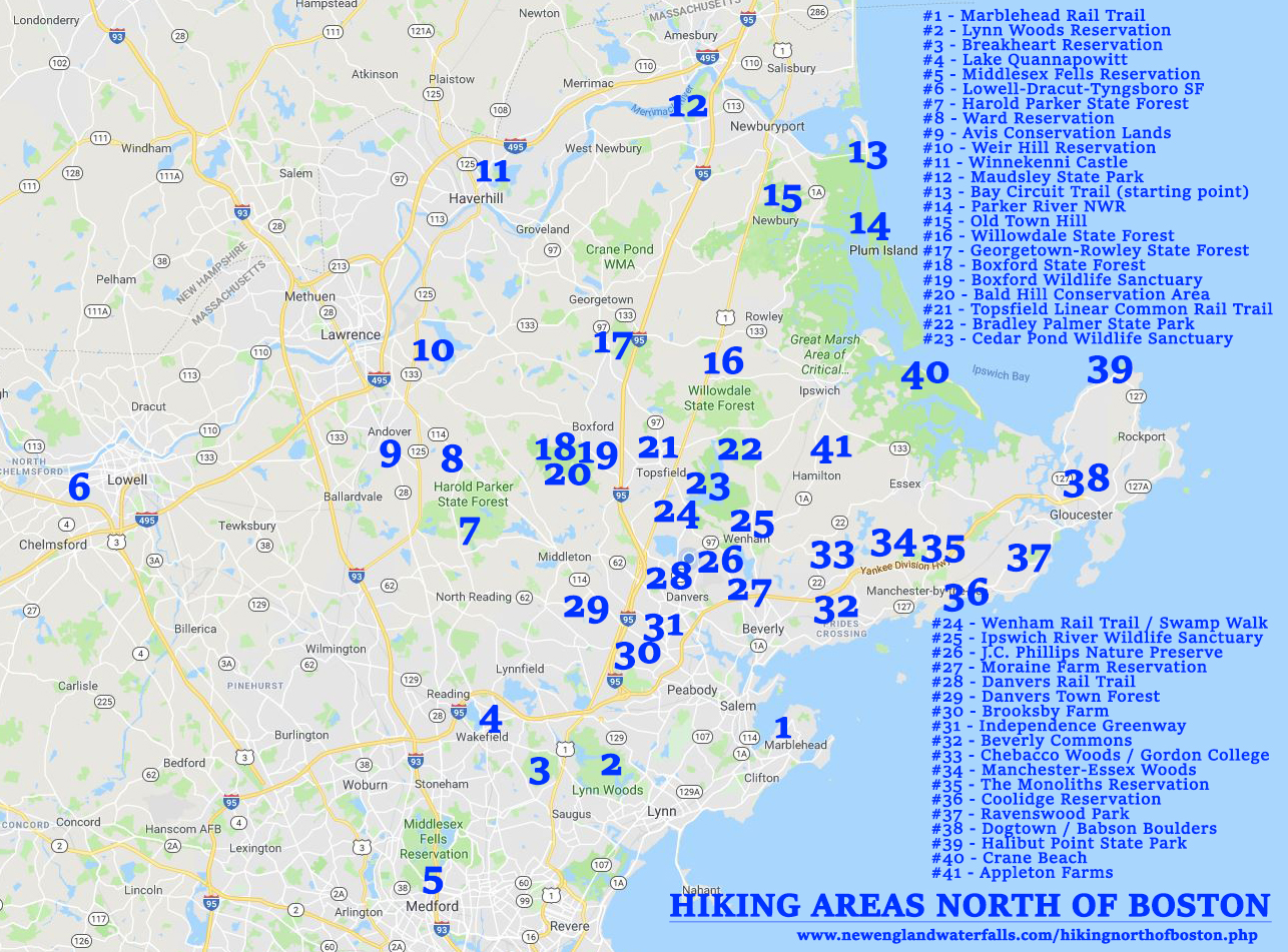 Map of hiking trails north of Boston
