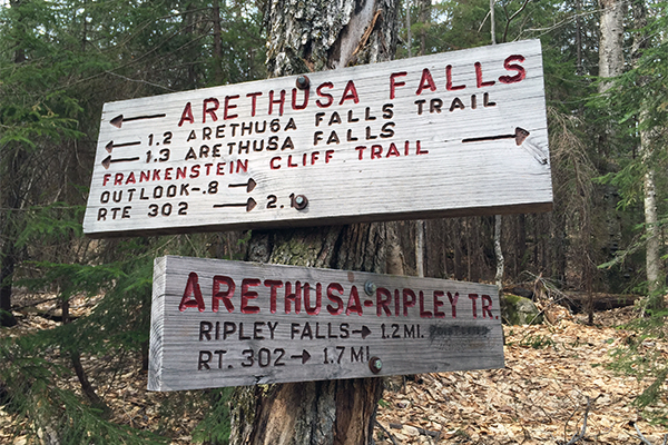 trail sign between Arethusa Falls and Ripley Falls